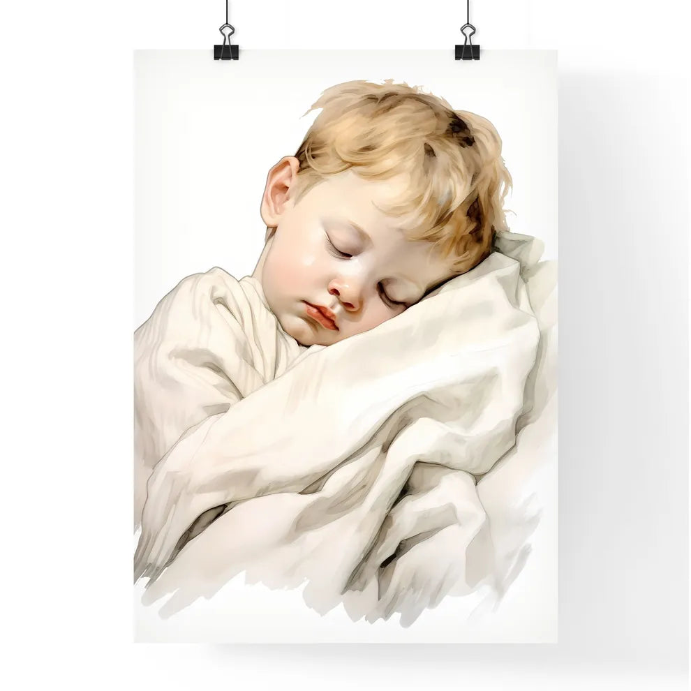 A Poster of baby sleeping in a white blanket Poster