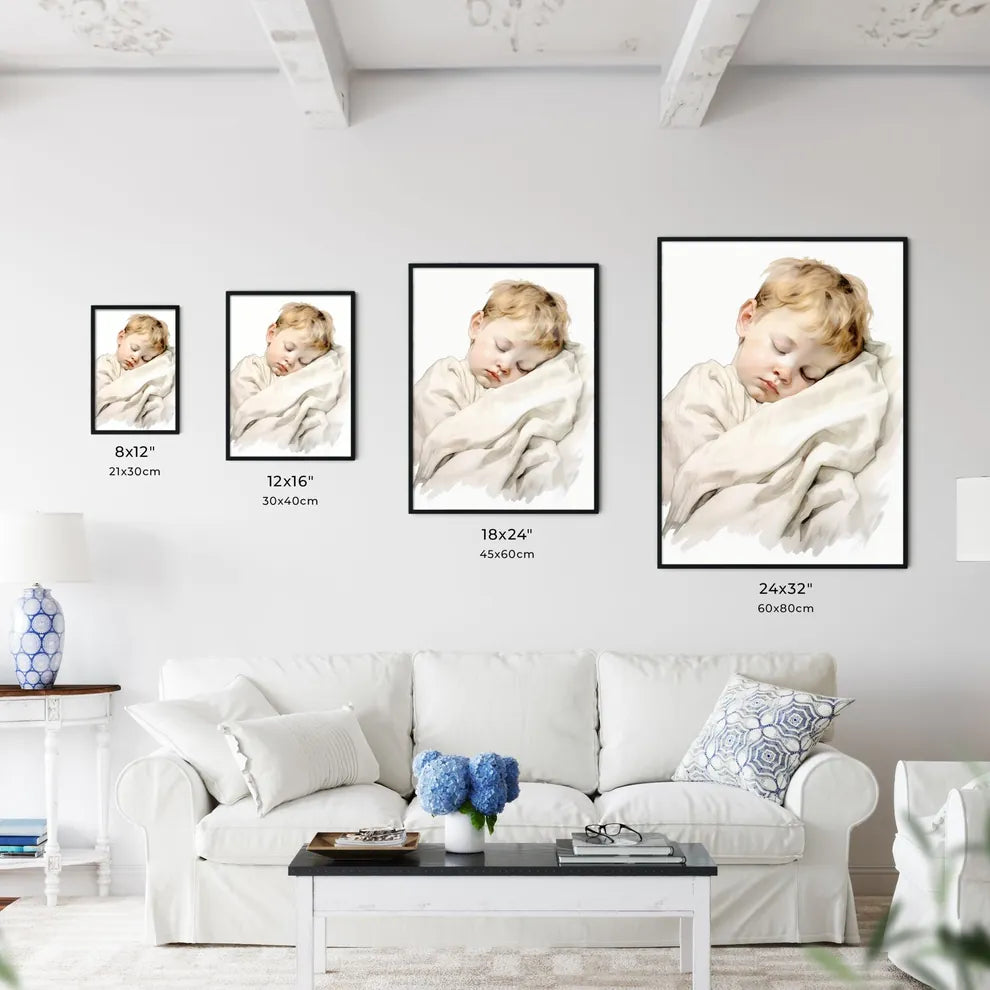 A Poster of baby sleeping in a white blanket - Kitchen Hangings