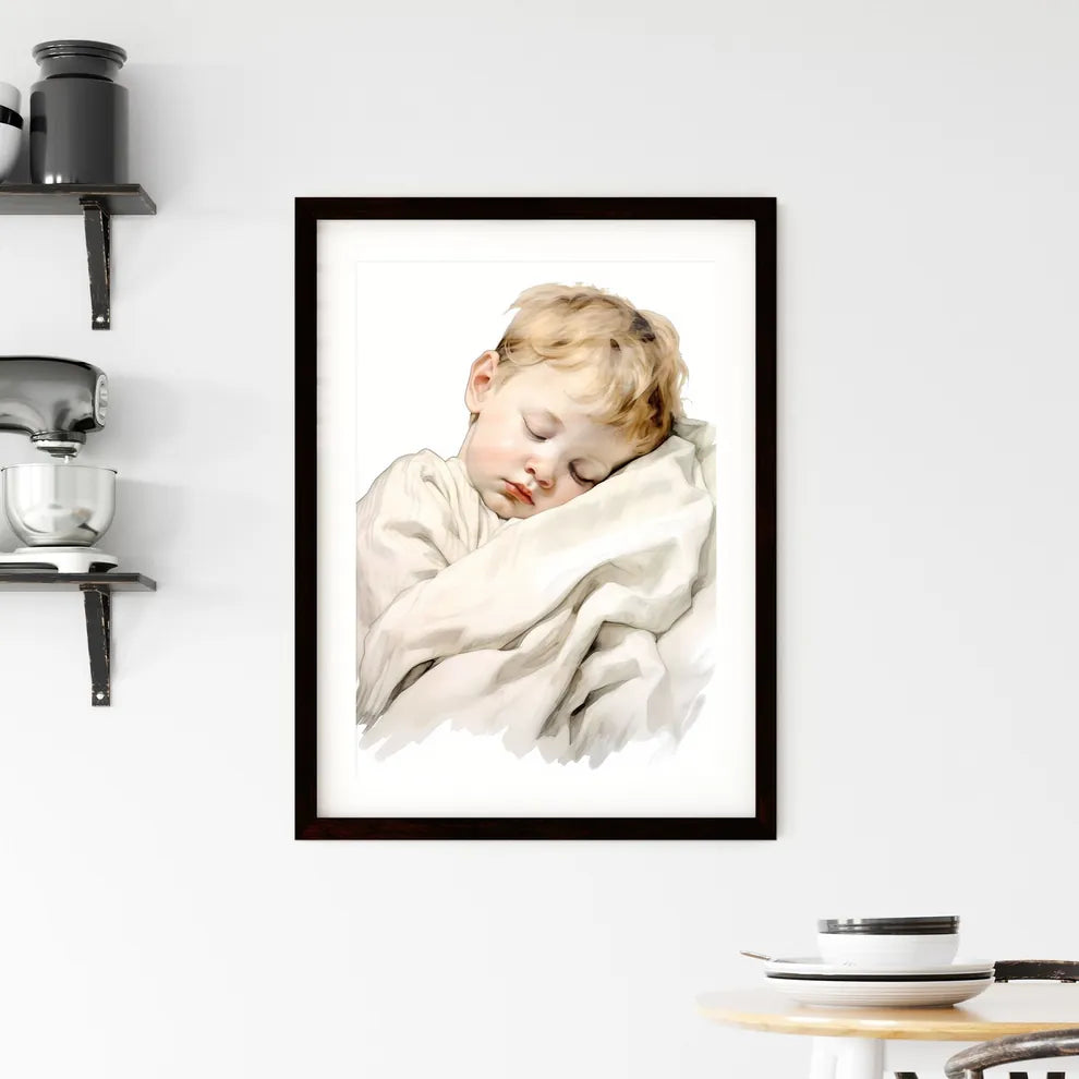 A Poster of baby sleeping in a white blanket Framed Print