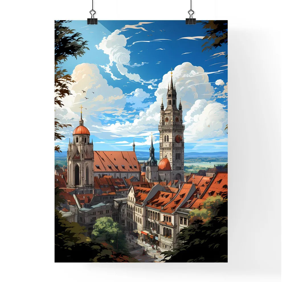 A Poster of the roofs of munich skyline - A City With A Tower And A Building Poster