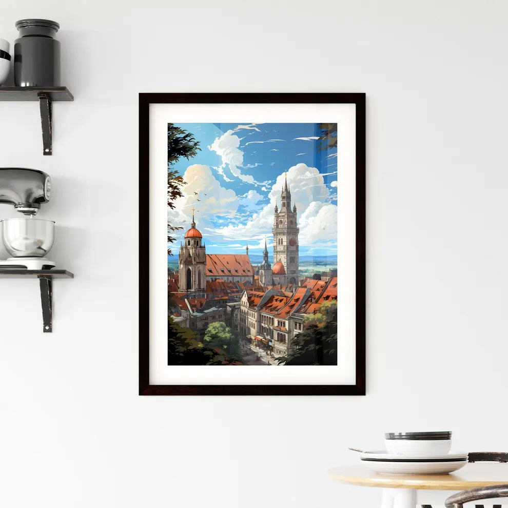 A Poster of the roofs of munich skyline - A City With A Tower And A Building Custom Print