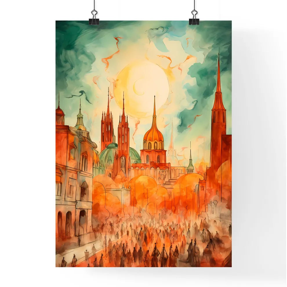 A Poster of cinco de mayo holiday card with copy space - A Painting Of A City With Buildings And A Crowd Of People Poster