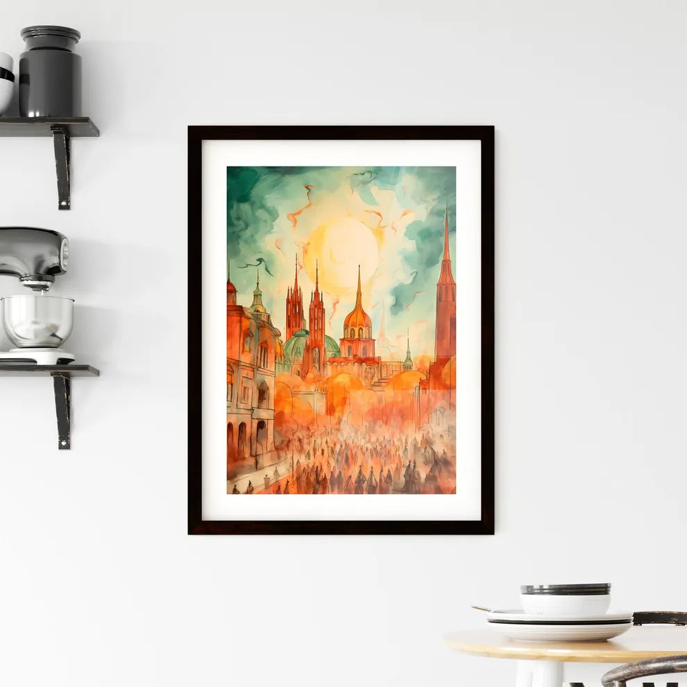 A Poster of cinco de mayo holiday card with copy space - A Painting Of A City With Buildings And A Crowd Of People Custom Print
