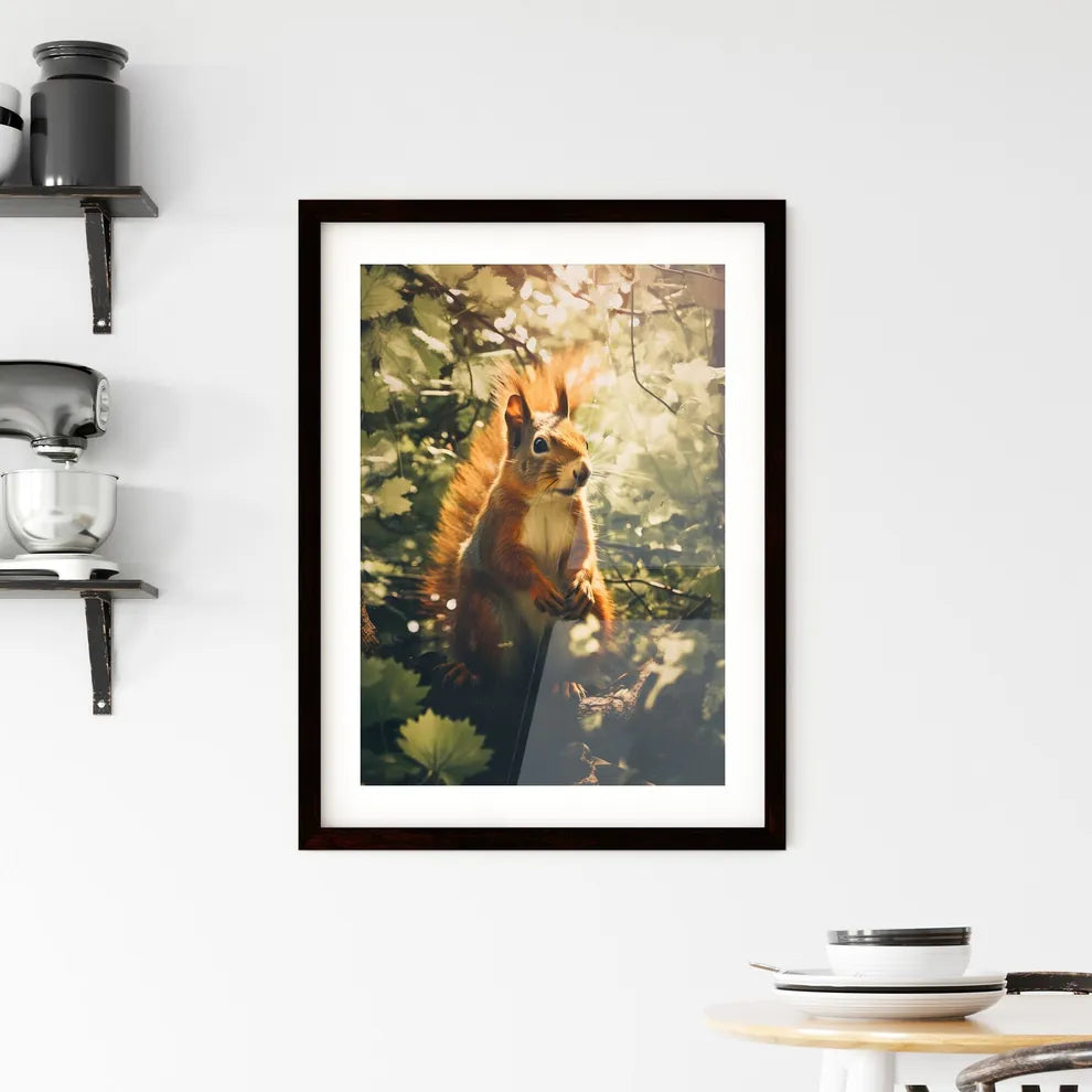 A Poster of a squirrel scampers after nuts  Framed Print
