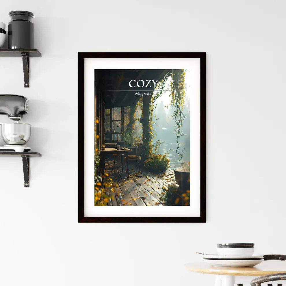 A Poster of furniture on deck with a view -  Framed Print