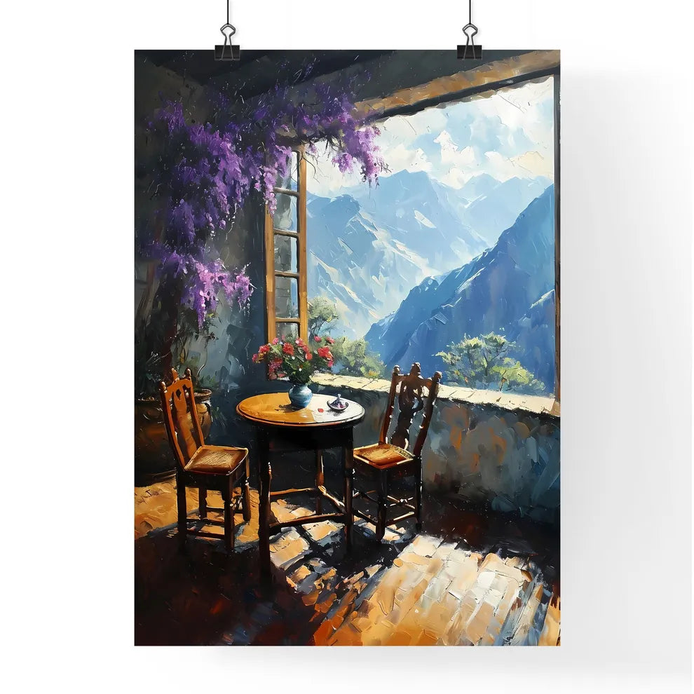 A Poster of Painting of table and chairs by the window - A Table And Chairs In A Room With Mountains In The Background Poster