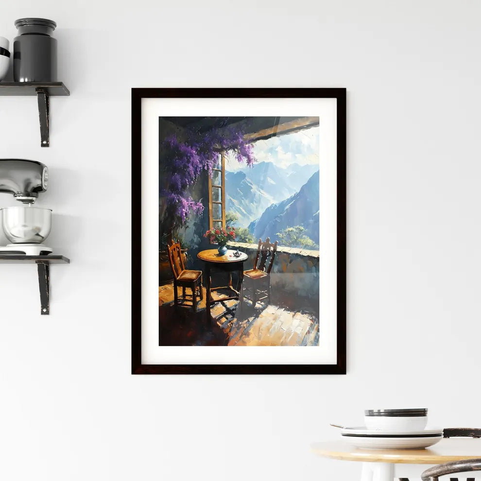 A Poster of Painting of table and chairs by the window - A Table And Chairs In A Room With Mountains In The Background Custom Print