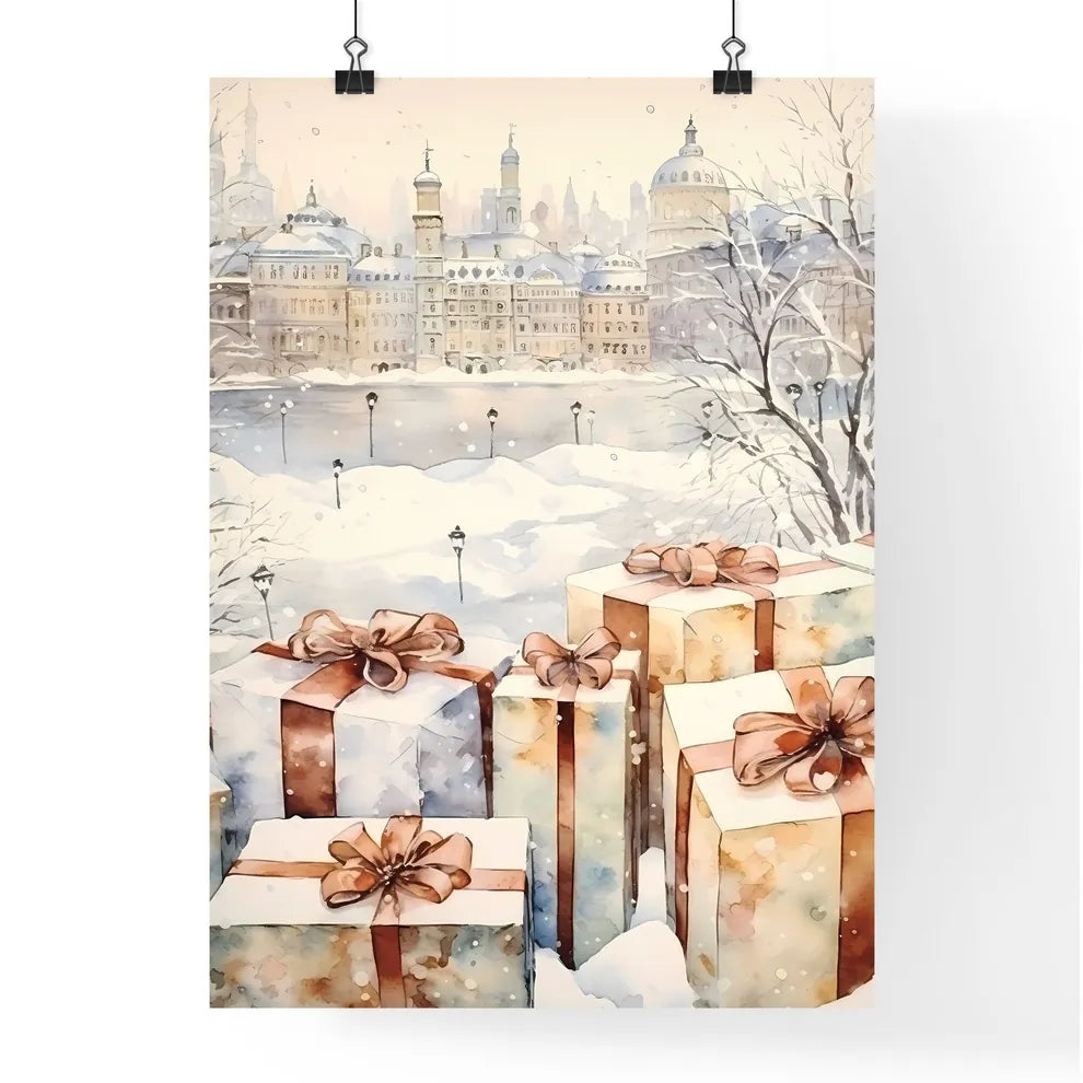 A Poster of Christmas and Holiday Gifts on Snow - A Group Of Presents With Bows Poster