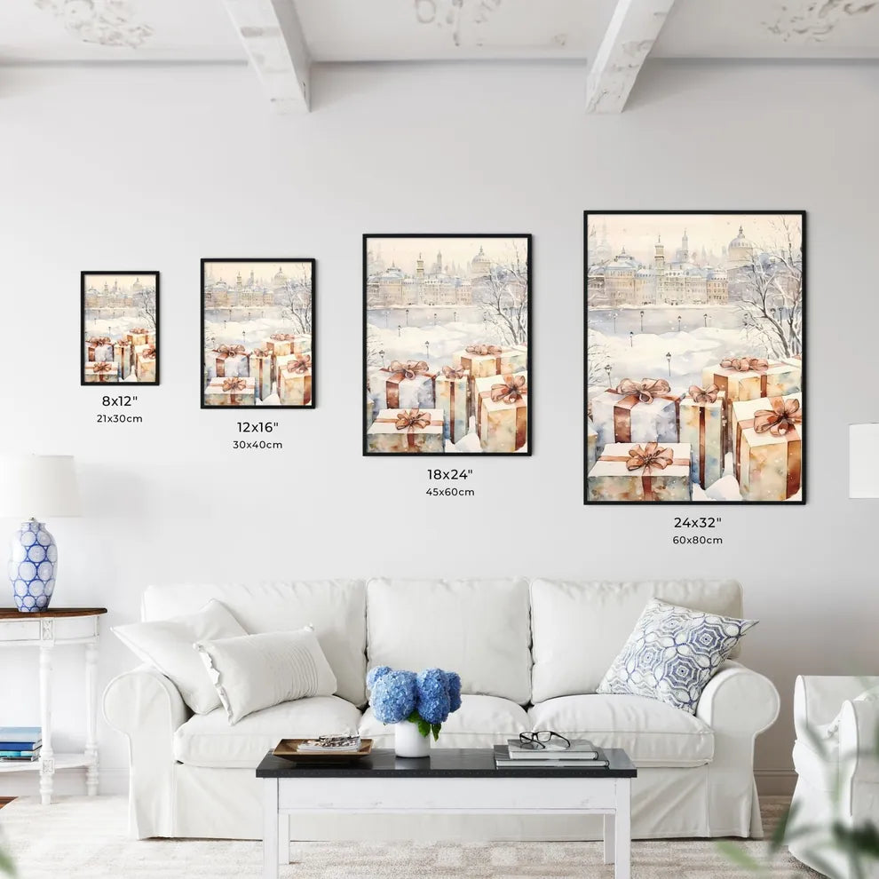 A Poster of Christmas and Holiday Gifts on Snow - A Group Of Presents With Bows Size Chart