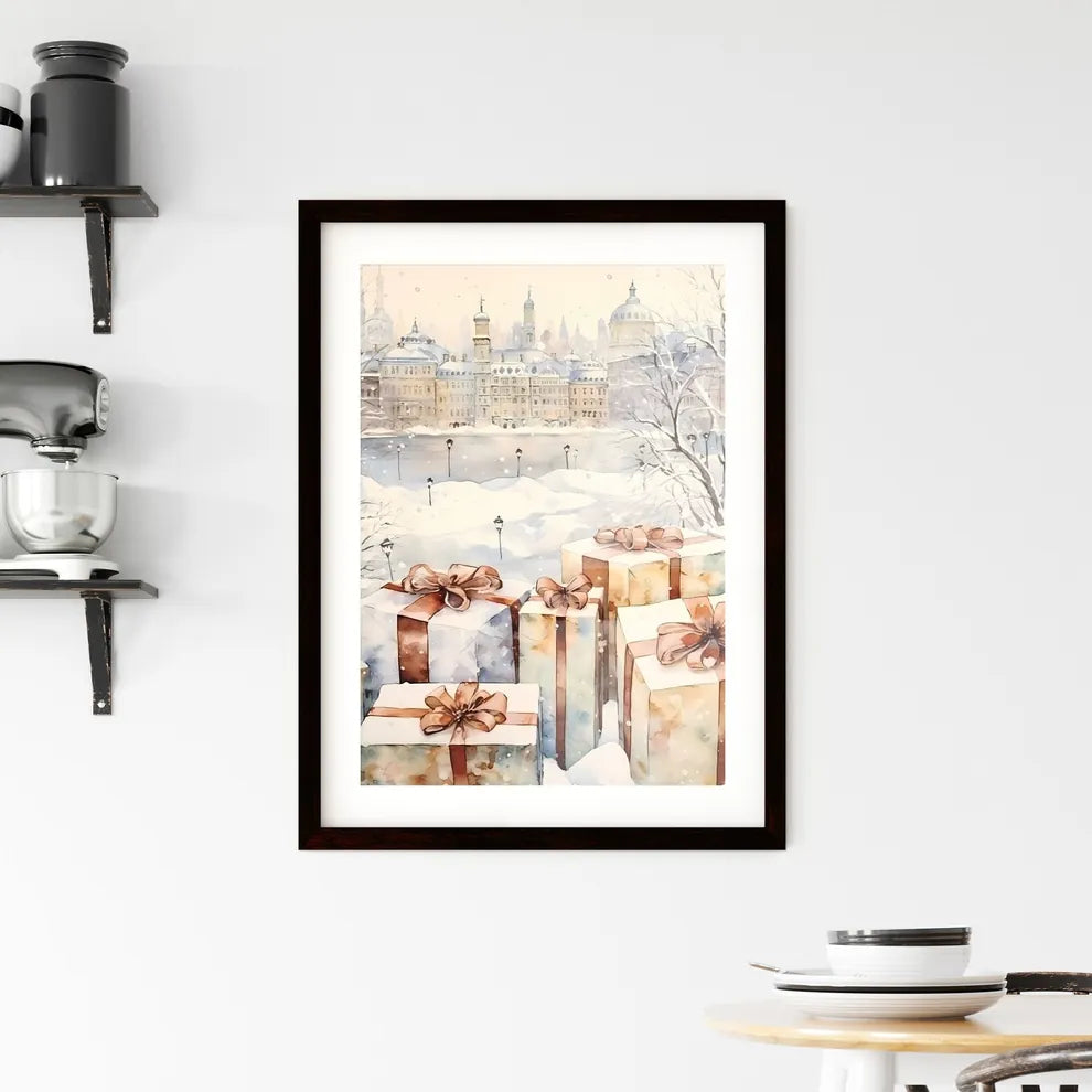 A Poster of Christmas and Holiday Gifts on Snow - A Group Of Presents With Bows Custom Print