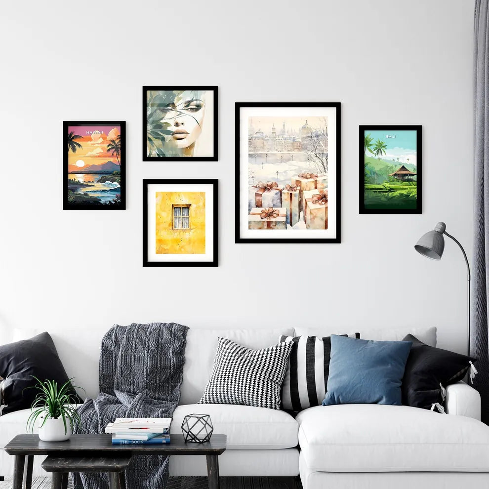 A Poster of Christmas and Holiday Gifts on Snow - A Group Of Presents With Bows Interior Design