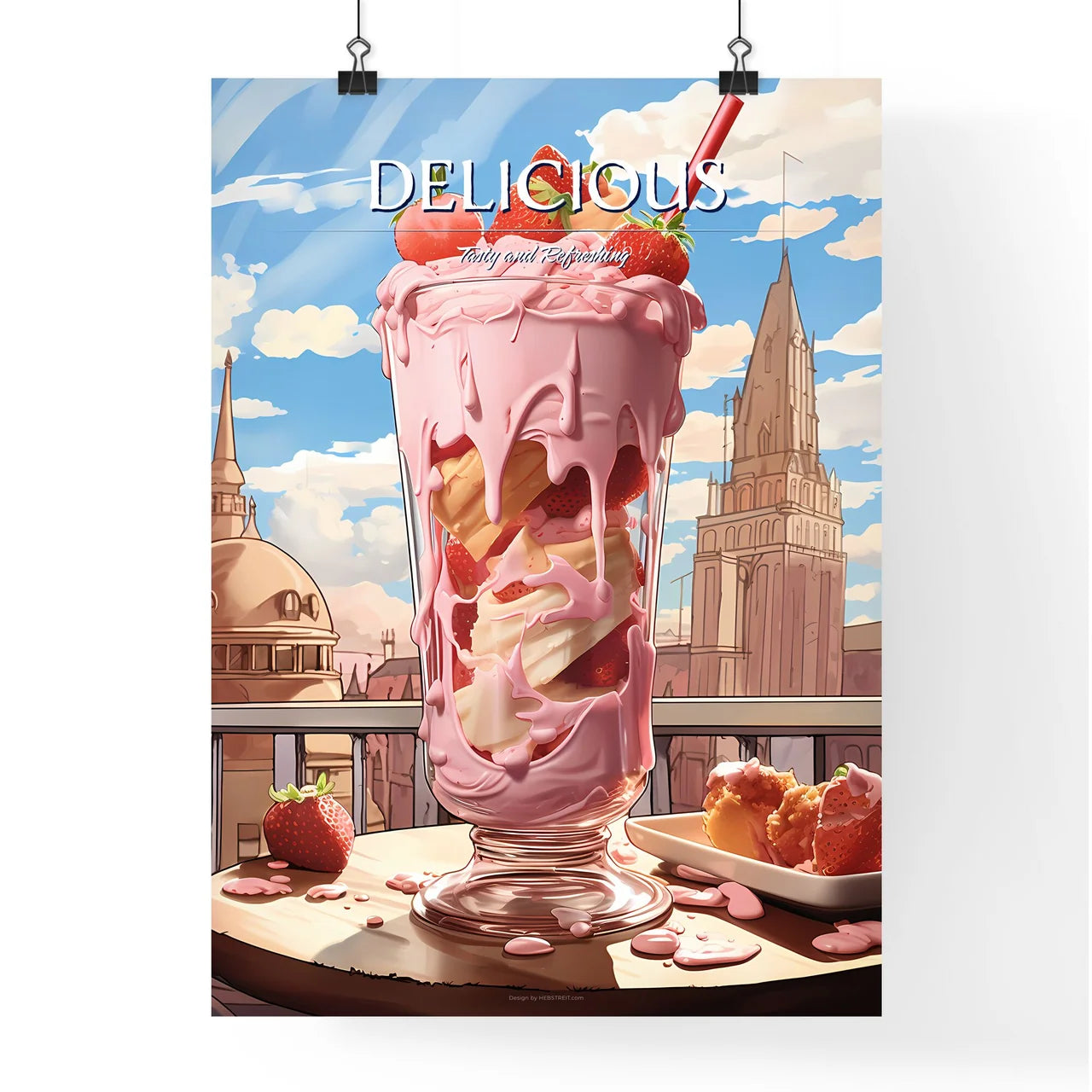 A Poster of strawberry milkshake - A Pink Milkshake With Strawberries And Ice Cream Poster