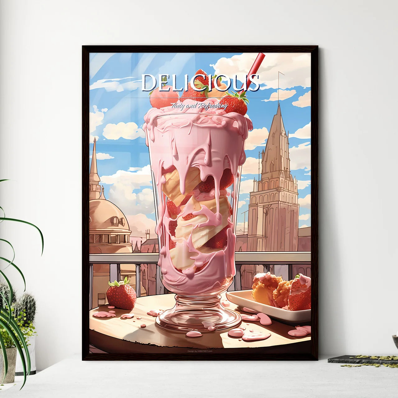 A Poster of strawberry milkshake - A Pink Milkshake With Strawberries And Ice Cream Framed Art
