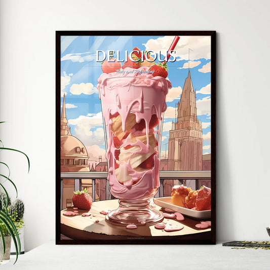 A Poster of strawberry milkshake - A Pink Milkshake With Strawberries And Ice Cream Framed Art