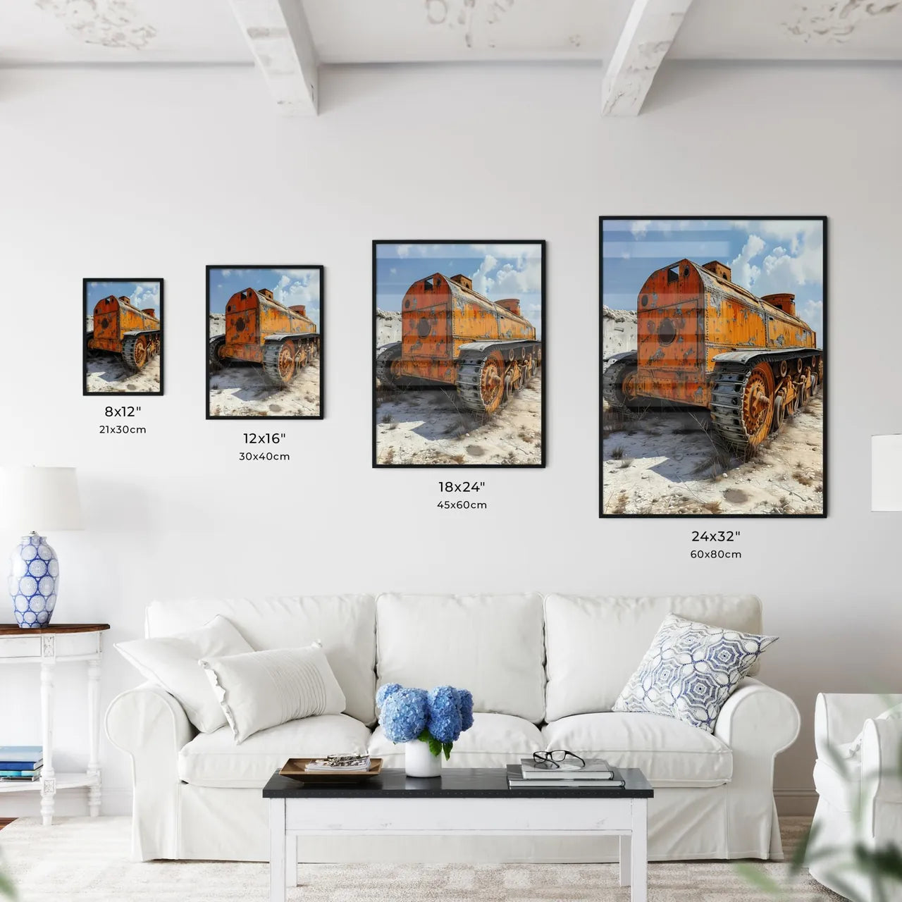 A Poster of WW1 tank battlefield in the back - Kitchen Hangings