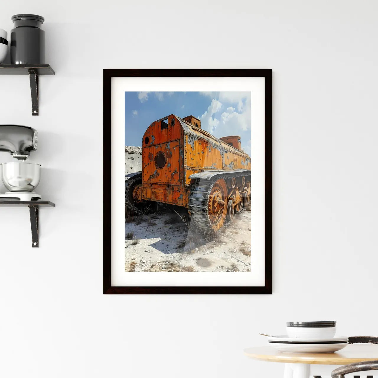 A Poster of WW1 tank battlefield in the back Framed Print