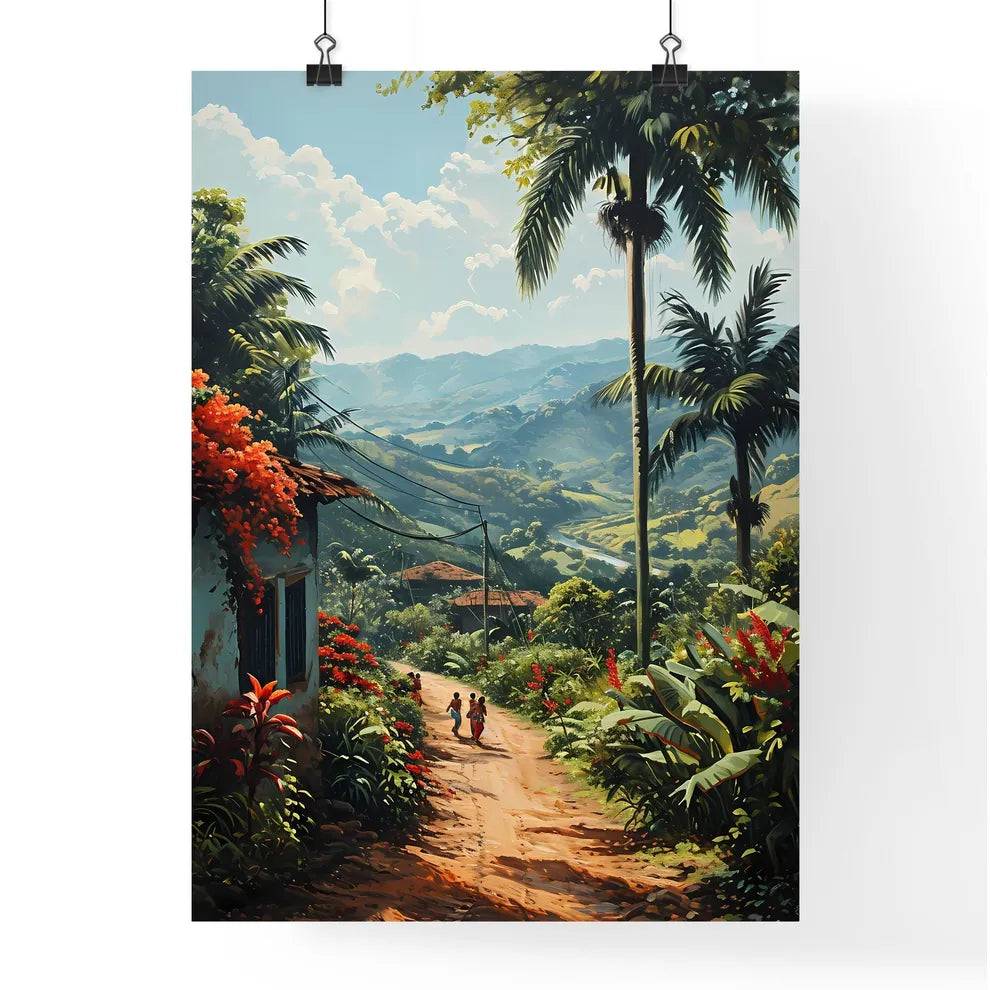 A Poster of a green sunny landscape with man Poster