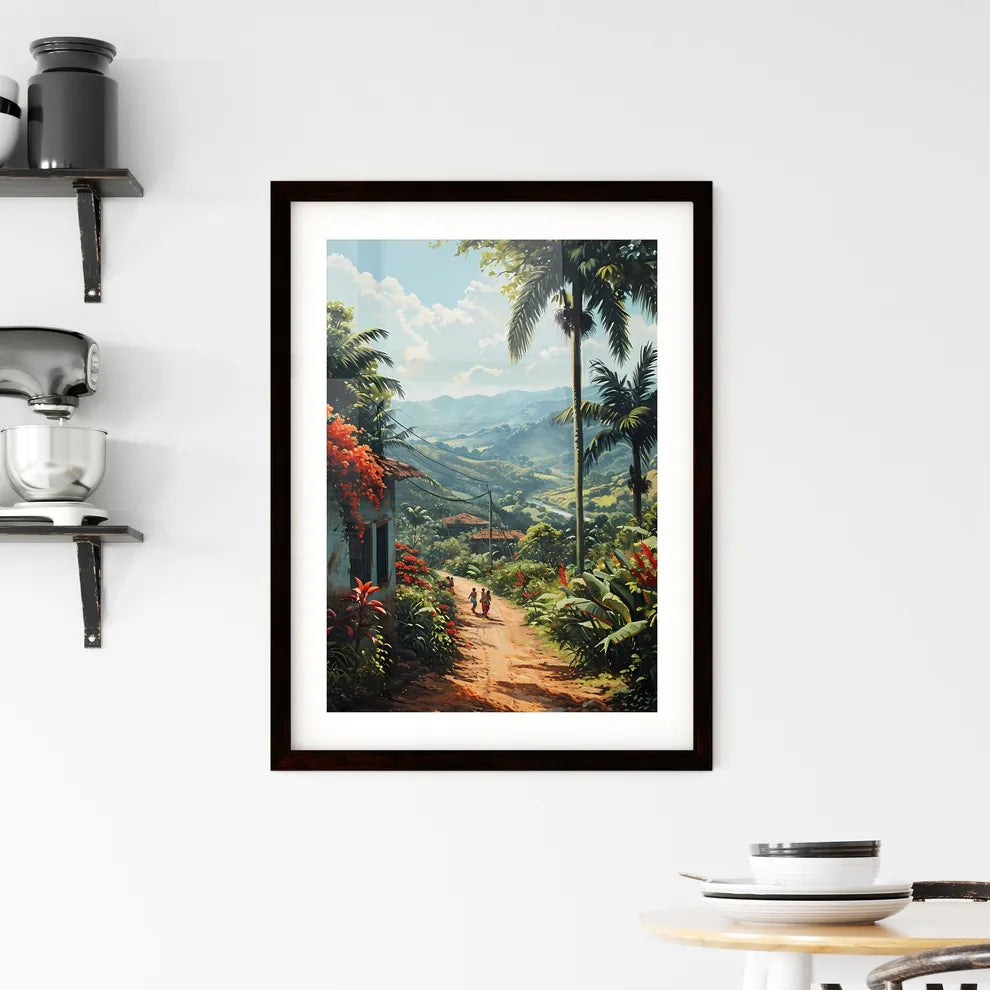 A Poster of a green sunny landscape with man Framed Print