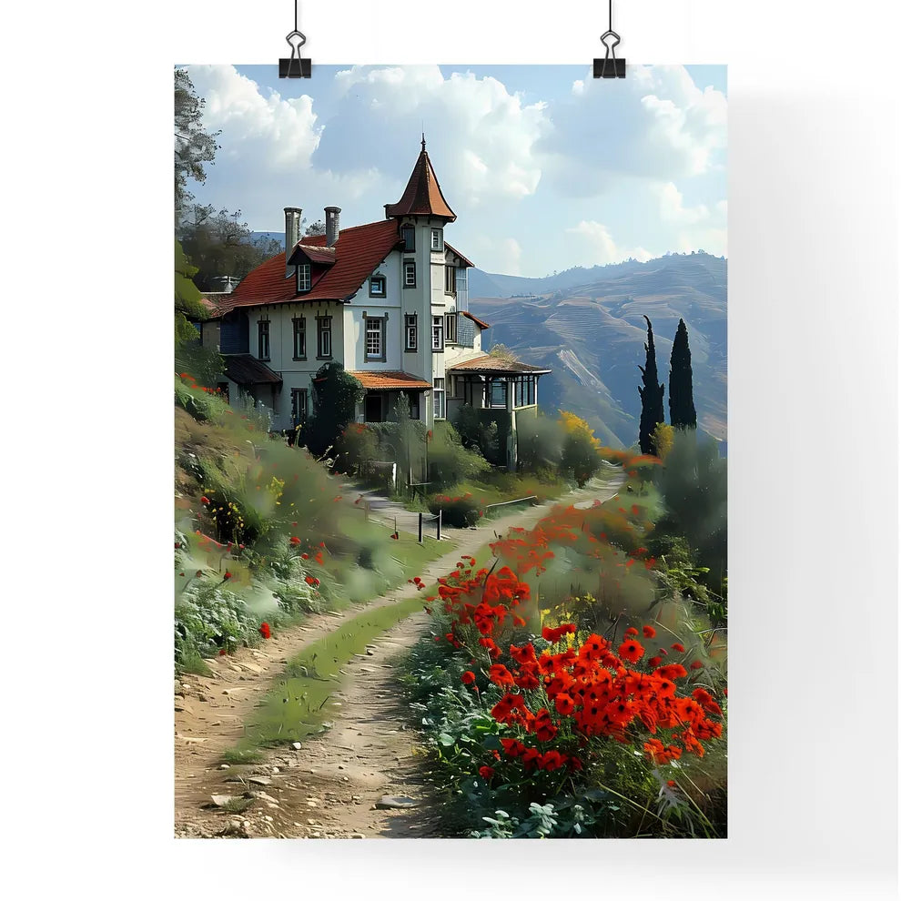 A Poster of Languedoc France - A House On A Hill With Flowers Poster