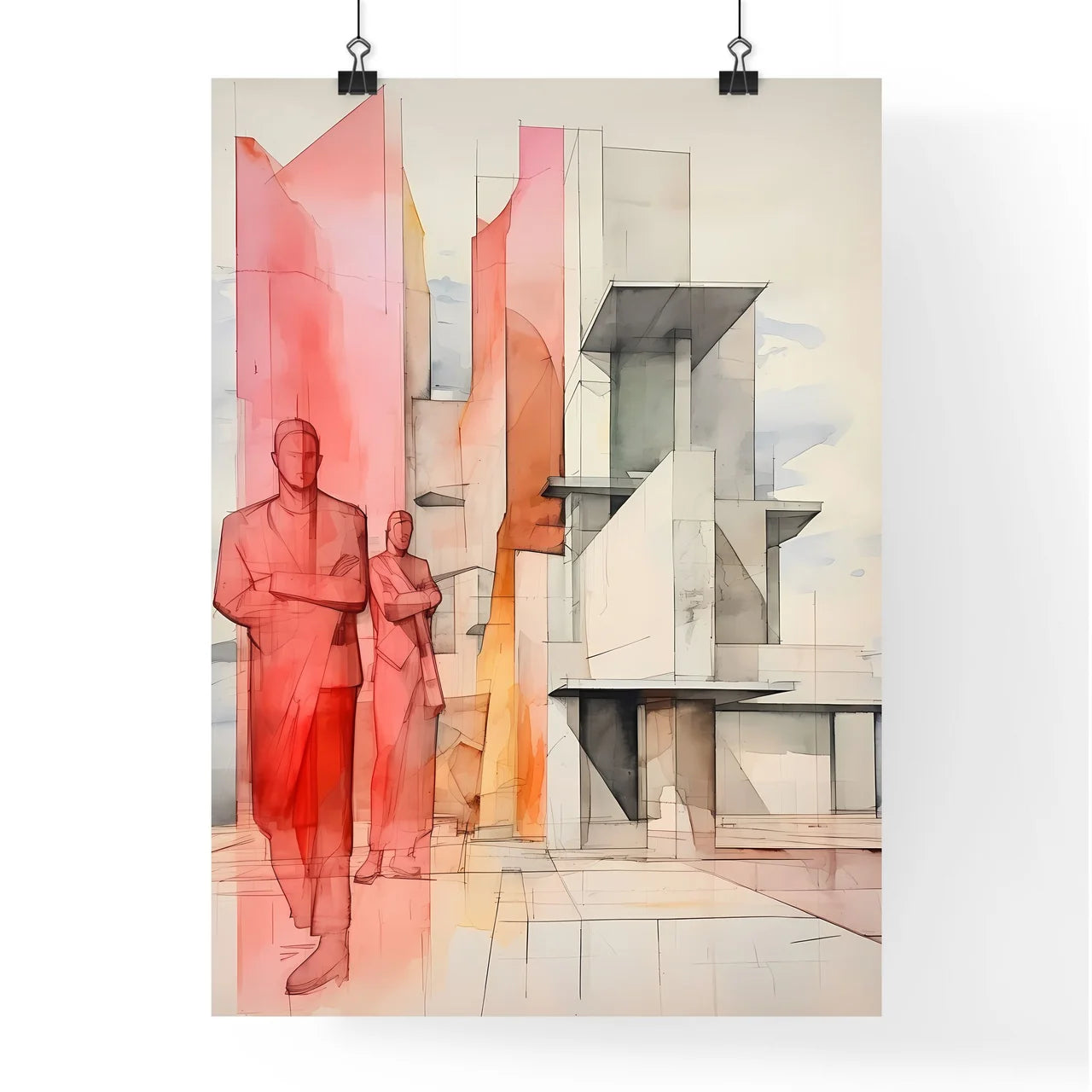 A Poster of minimalism architecture - A Drawing Of A Couple Of Men Standing Next To A Building Poster