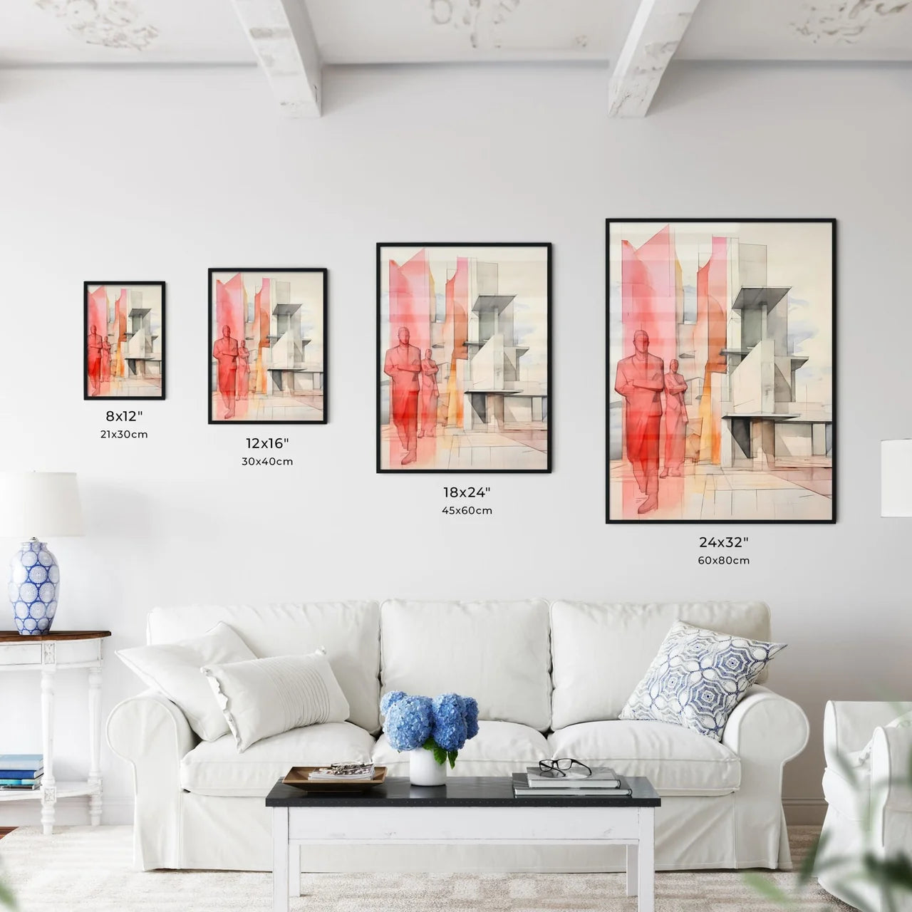 A Poster of minimalism architecture - A Drawing Of A Couple Of Men Standing Next To A Building Size Chart