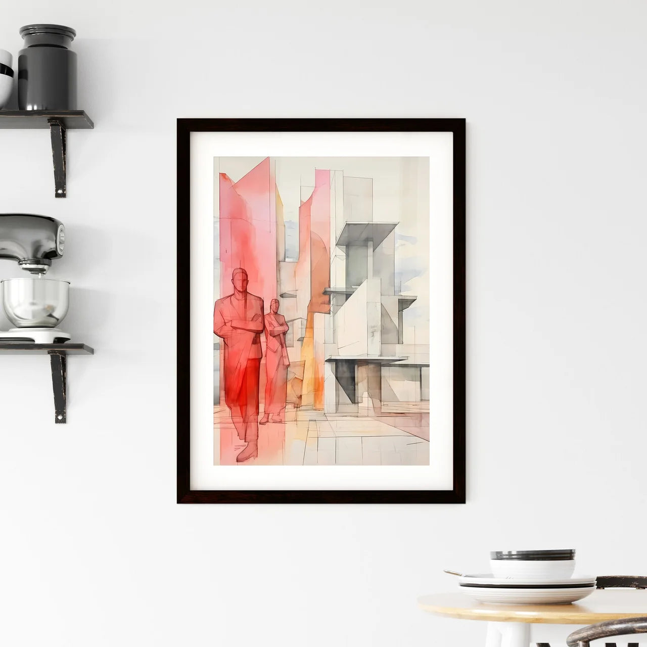 A Poster of minimalism architecture - A Drawing Of A Couple Of Men Standing Next To A Building Custom Print