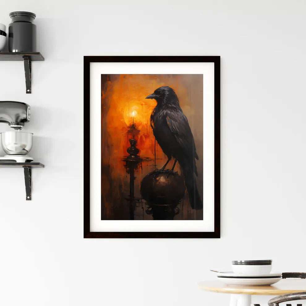 A Poster of A mysterious oil painting with a black crow  Framed Print