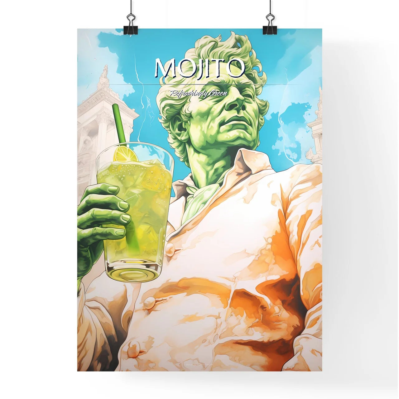 A Poster of mojito drink - A Green Man Holdi Poster