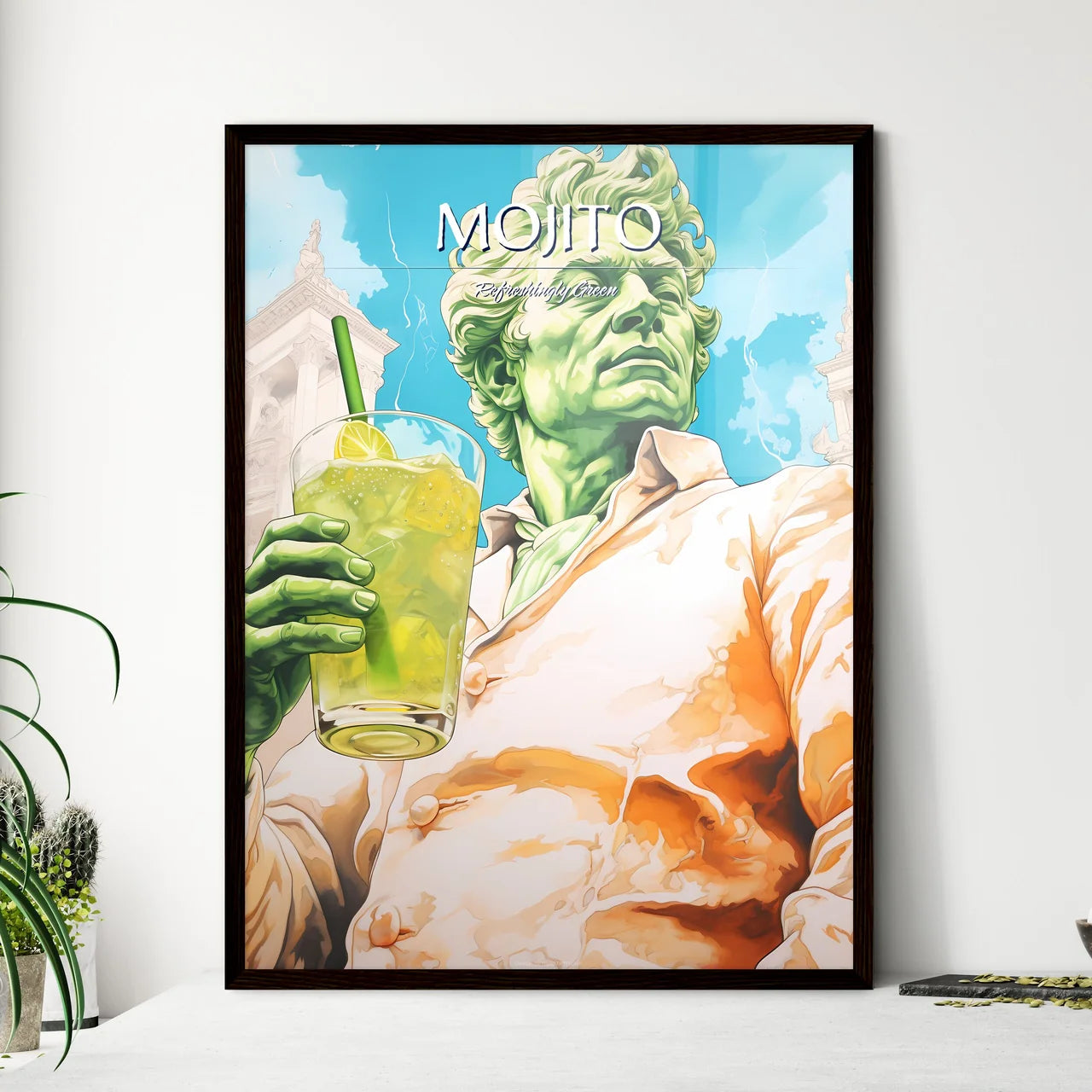 A Poster of mojito drink - A Green Man Holdi - Framed Art Print