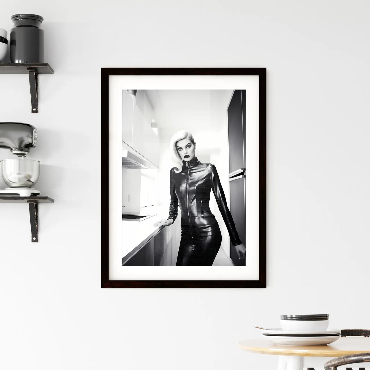 A Poster of woman wearing skintight black le Framed Print