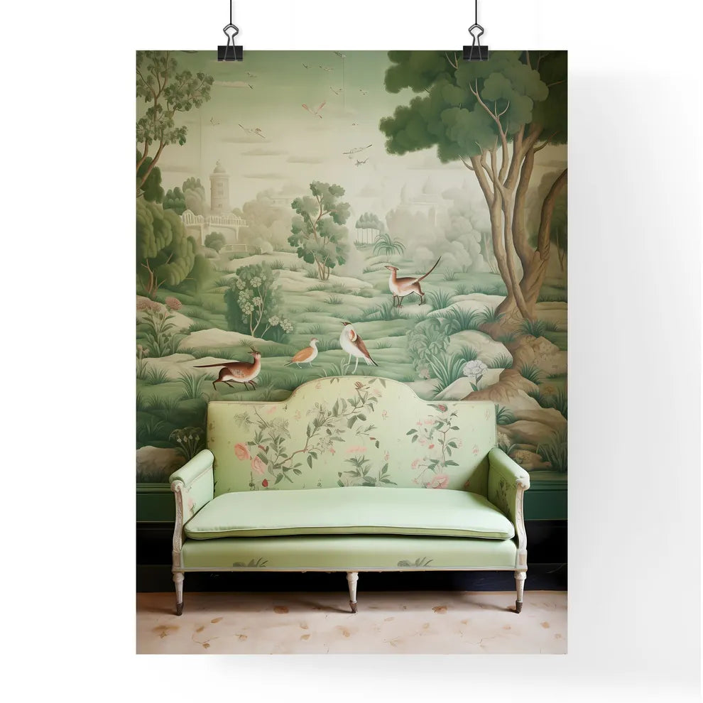 A Poster of the tapestry is green with many animals  Poster