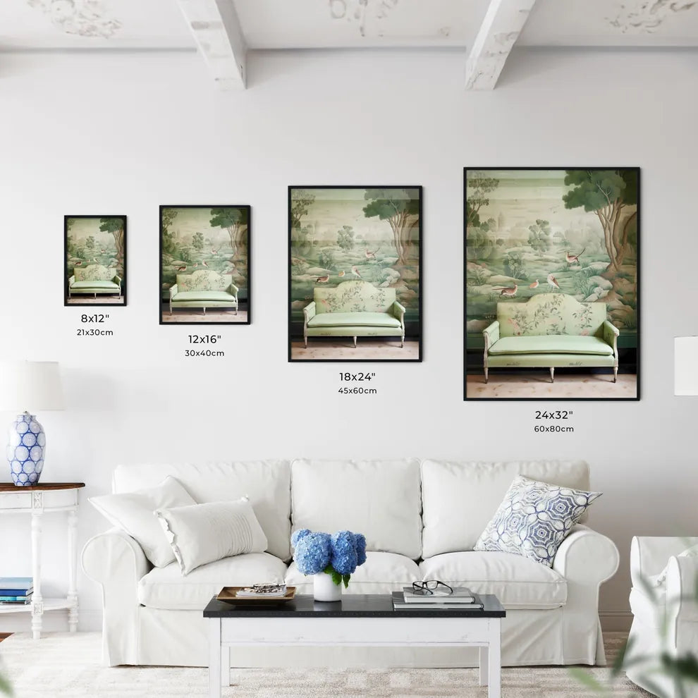 A Poster of the tapestry is green with many animals  Size Chart