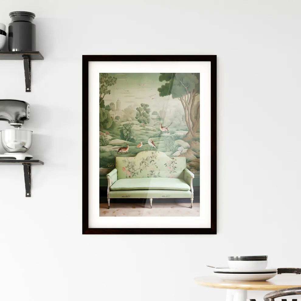A Poster of the tapestry is green with many animals  Framed Print