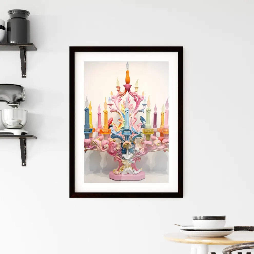 A Poster of a colorful menorah painted on wh Framed Print