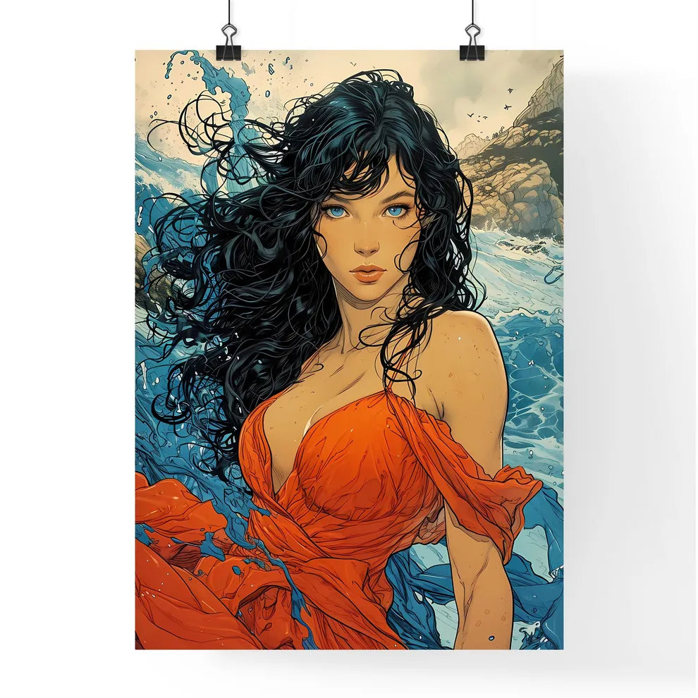 A Poster of an orange dress with blue eyes f Poster
