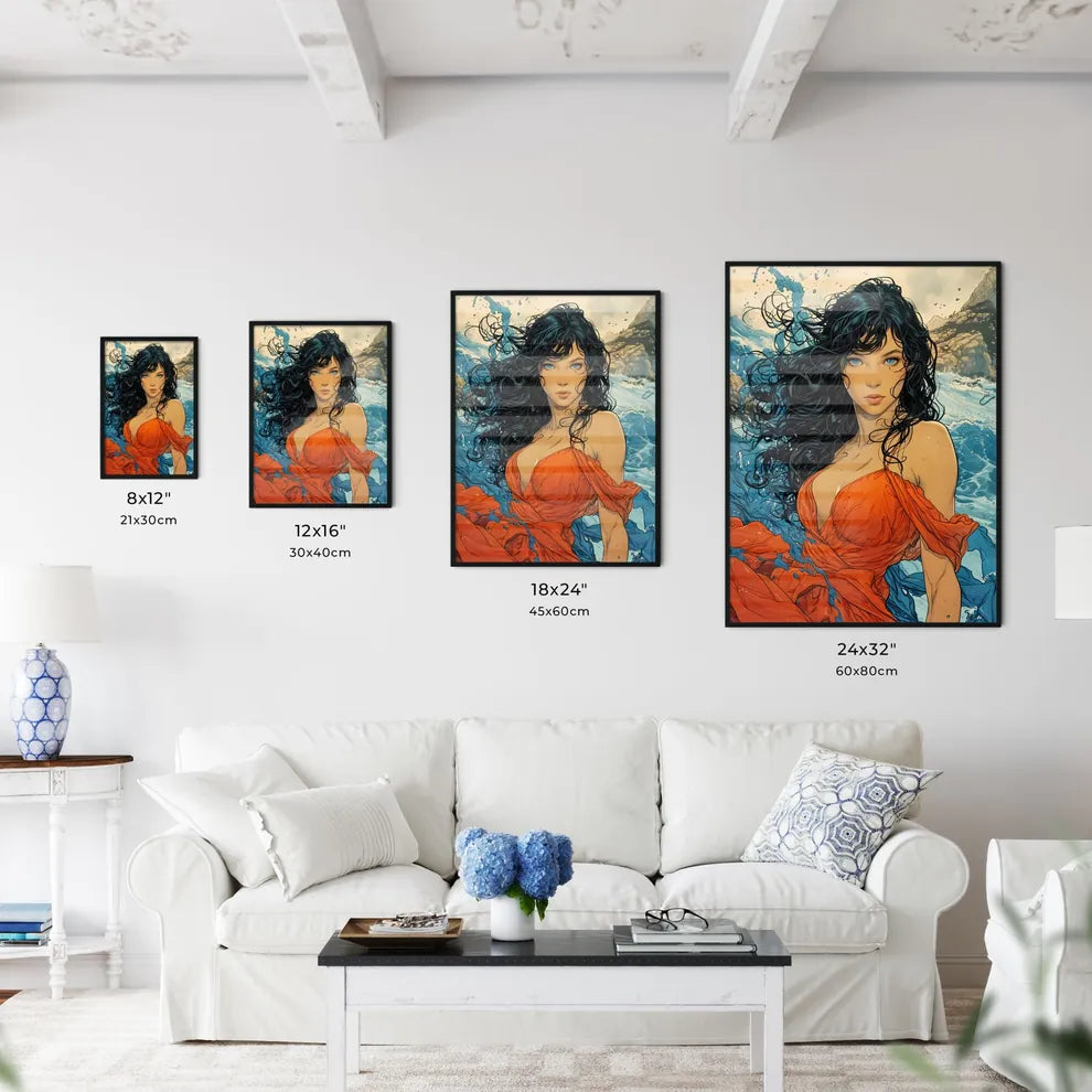 A Poster of an orange dress with blue eyes f - Kitchen Hangings