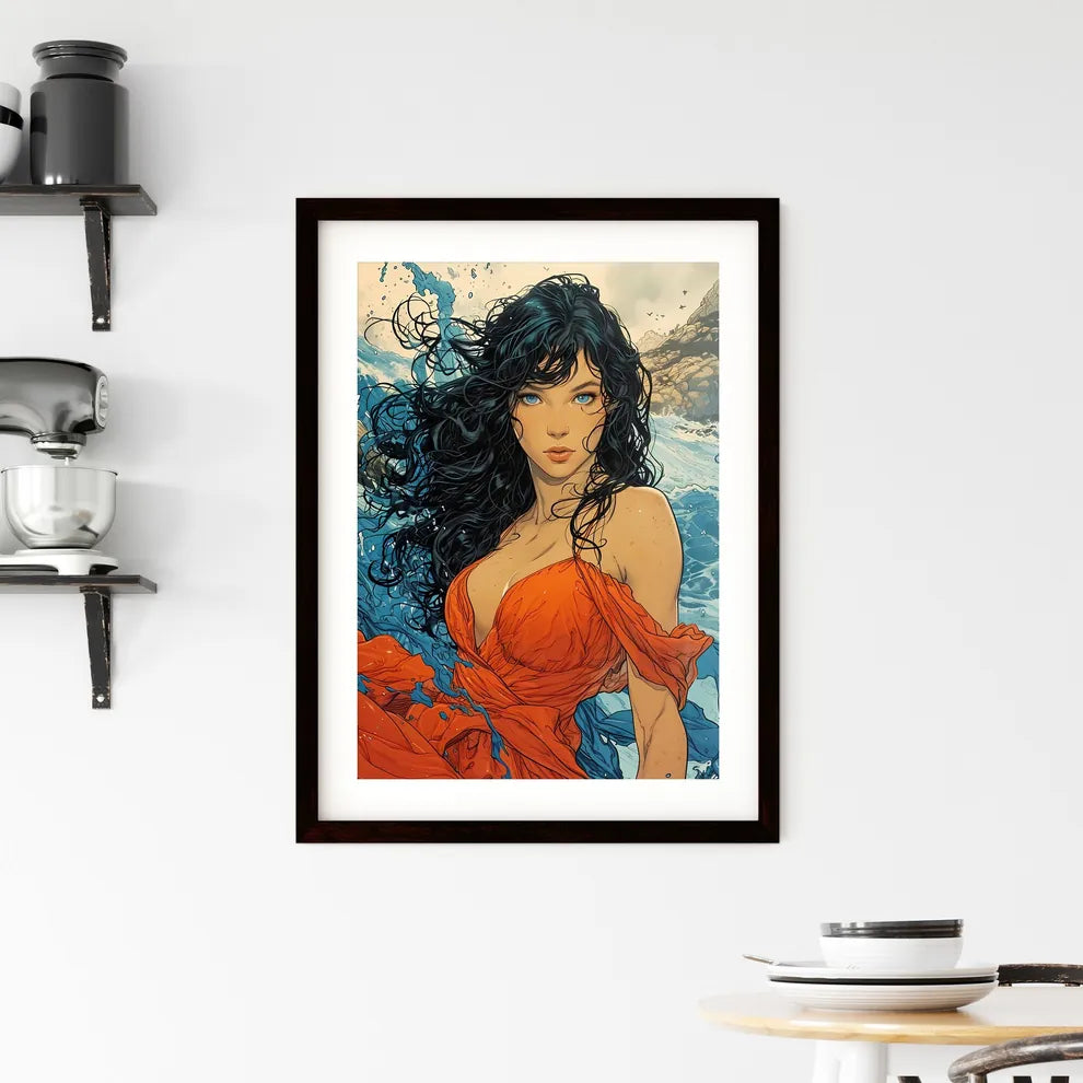 A Poster of an orange dress with blue eyes f Framed Print