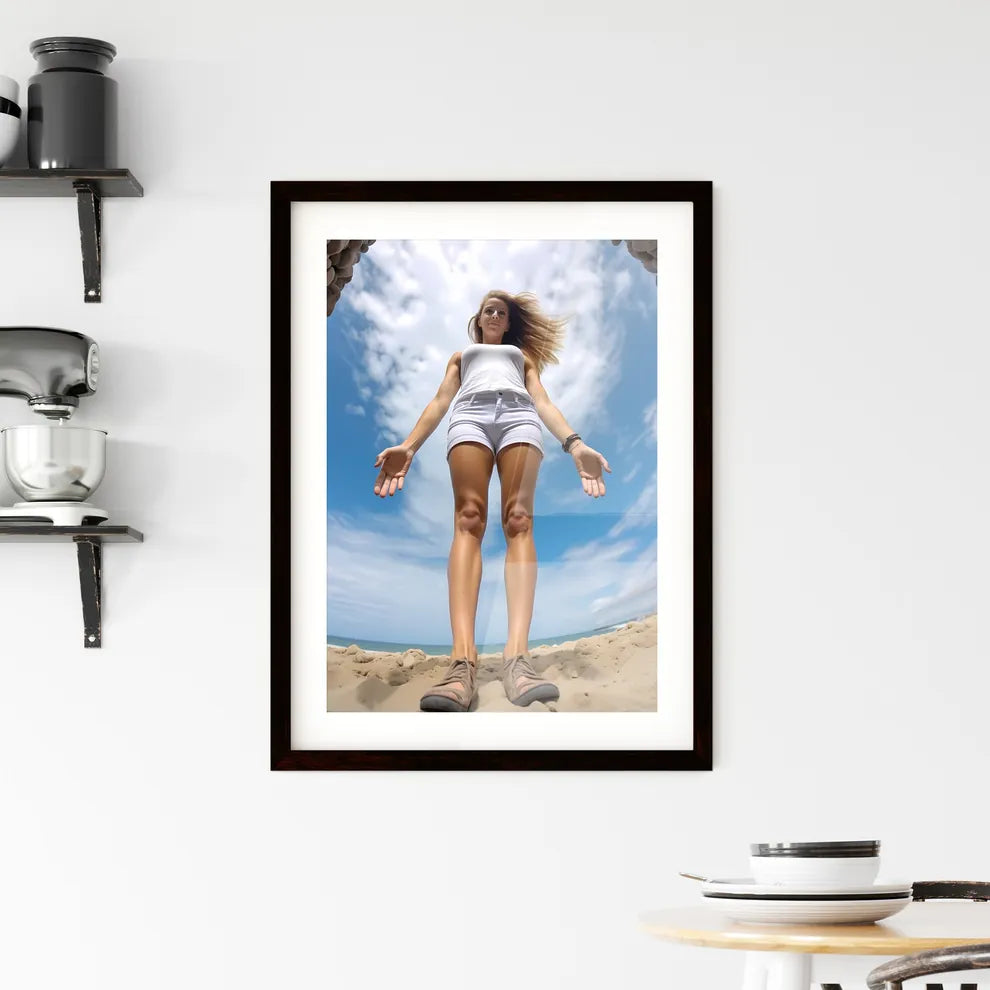 A Poster of influencer at the beach - A Woma Framed Print