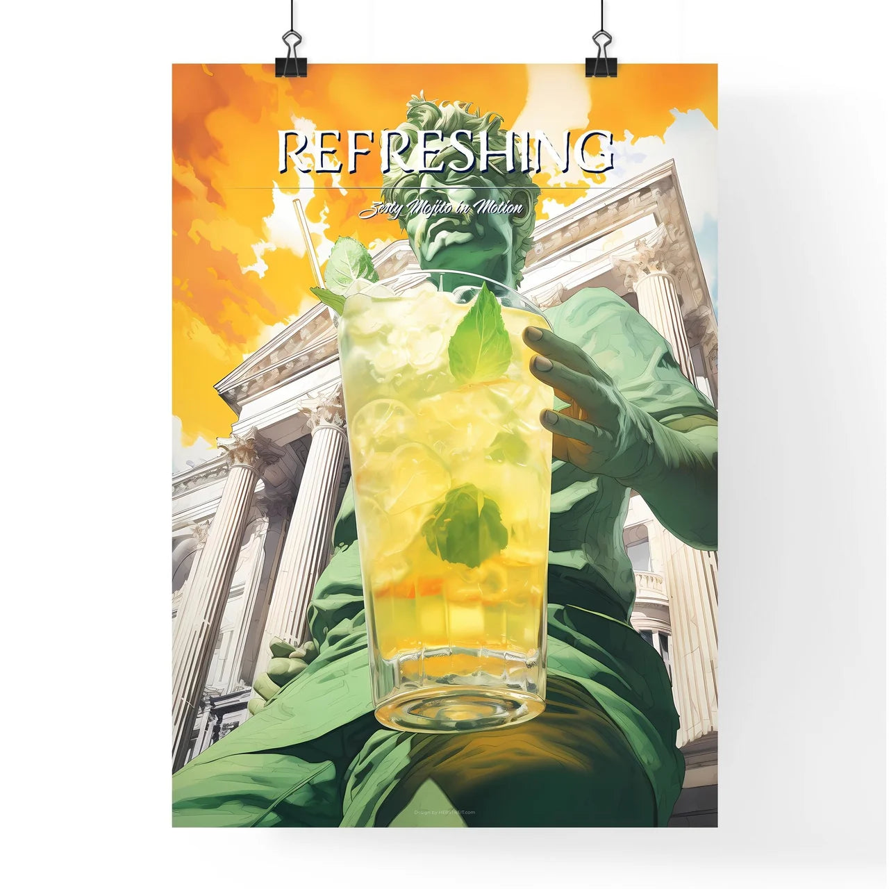 A Poster of mojito drink - A Statue Holding  Poster