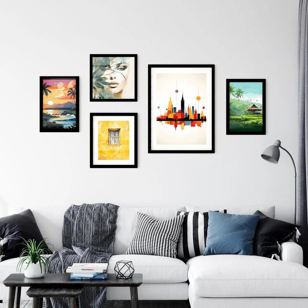 A Poster of minimalist Barcelona skyline - A Colorful City Skyline With Circles And Dots Interior Design