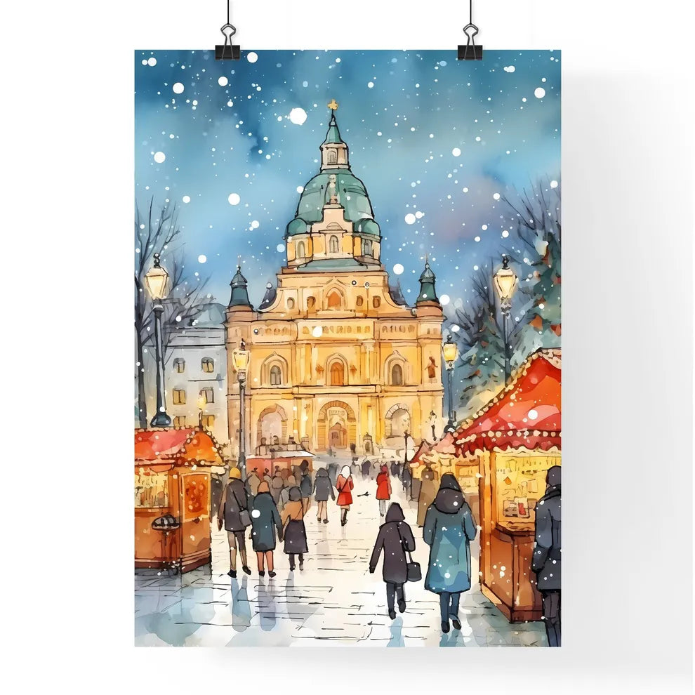 A Poster of people walking a beautiful Italian Christmas market - A Group Of People Walking In A Snowy Area Poster
