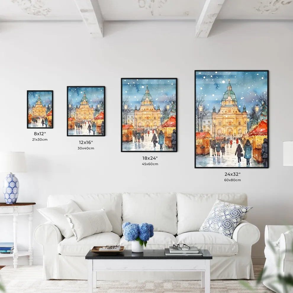 A Poster of people walking a beautiful Italian Christmas market - A Group Of People Walking In A Snowy Area Size Chart
