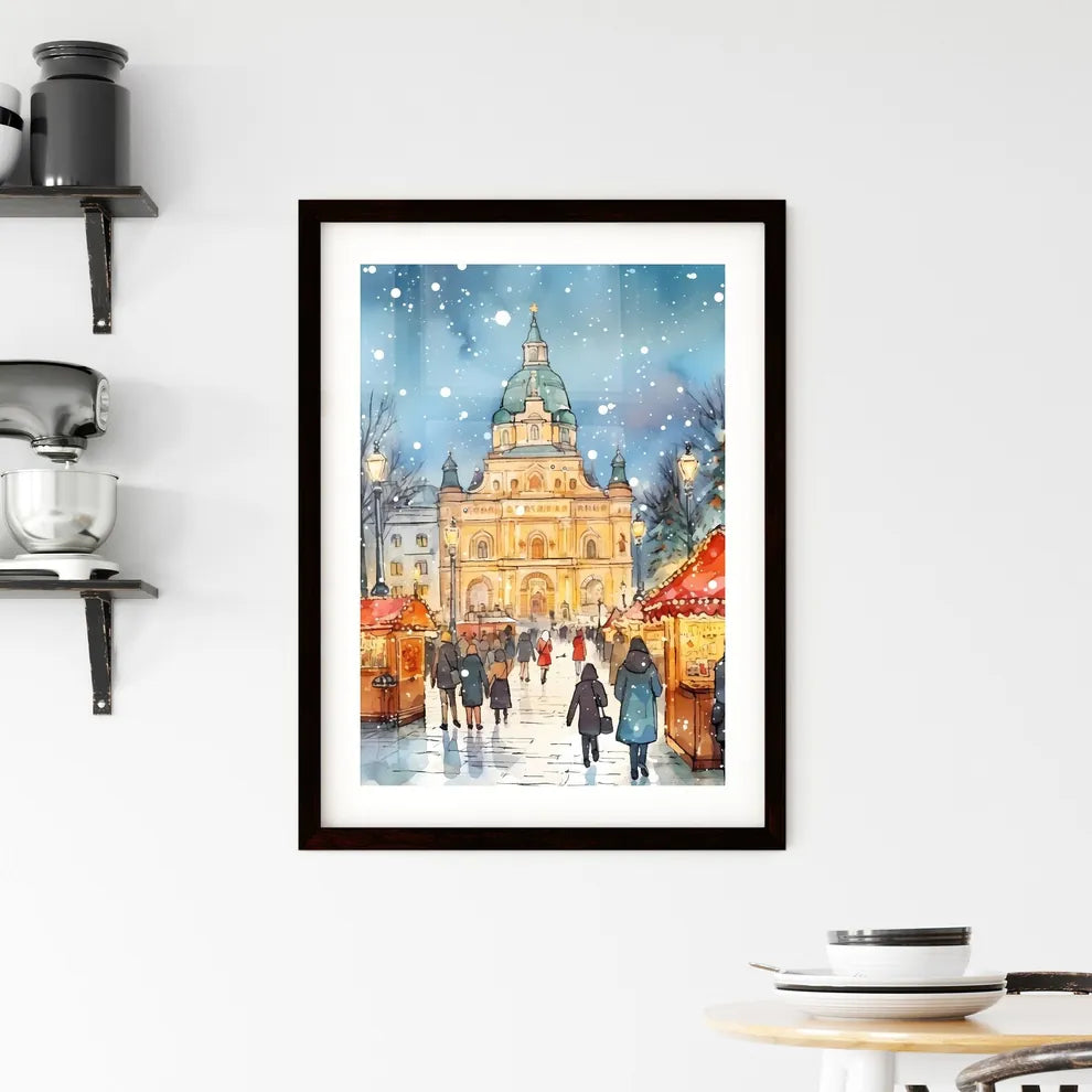 A Poster of people walking a beautiful Italian Christmas market - A Group Of People Walking In A Snowy Area Custom Print
