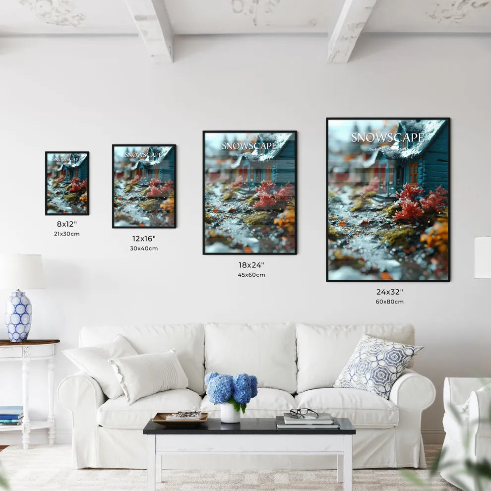 A Poster of a micro landscape of a City in fairy tales - A Small House With Snow On The Ground Size Chart