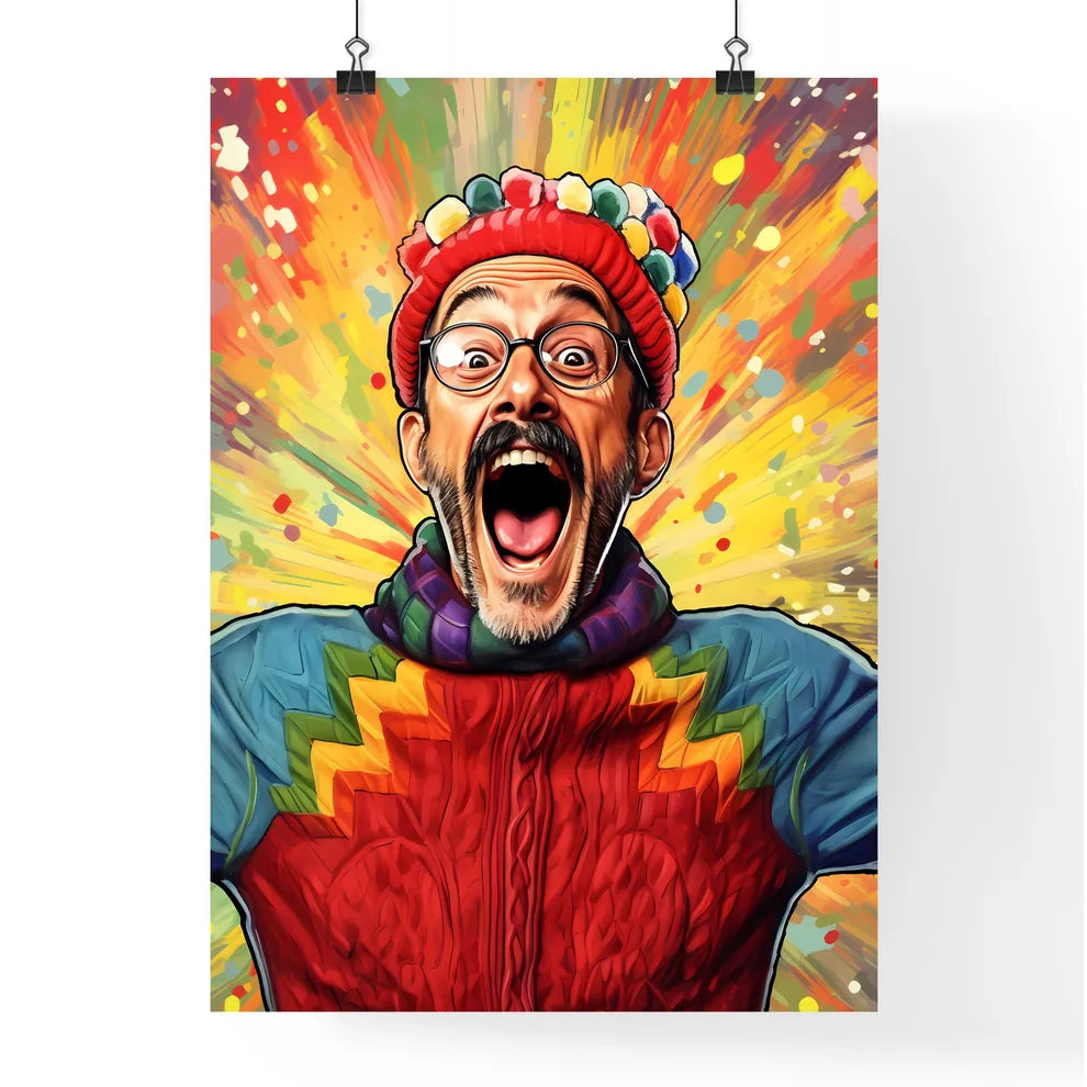A Poster of happy suprised man wearing santa hat  Poster