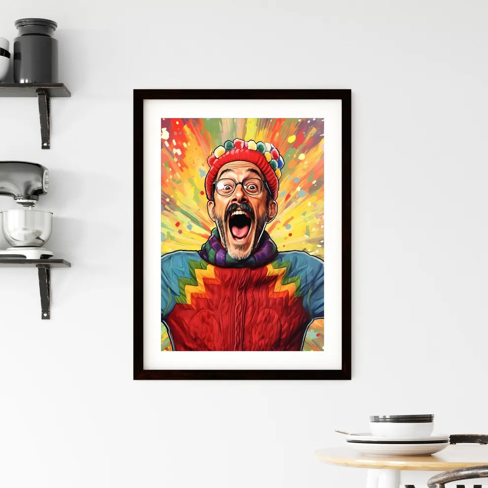 A Poster of happy suprised man wearing santa hat  Hangings