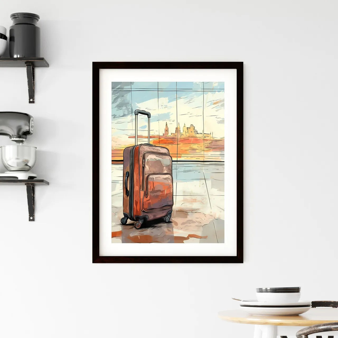 A Poster of travel suitcase at the airport - Framed Print