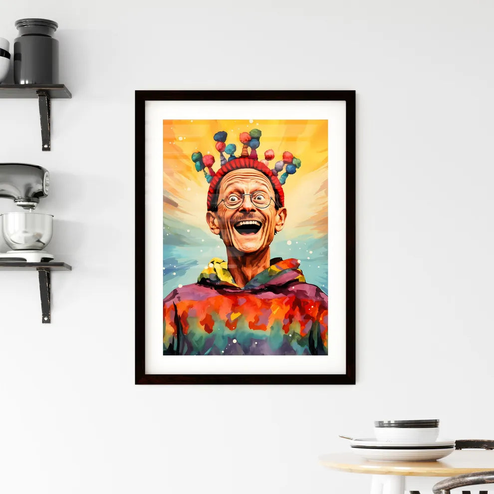 A Poster of happy suprised man wearing santa Framed Print