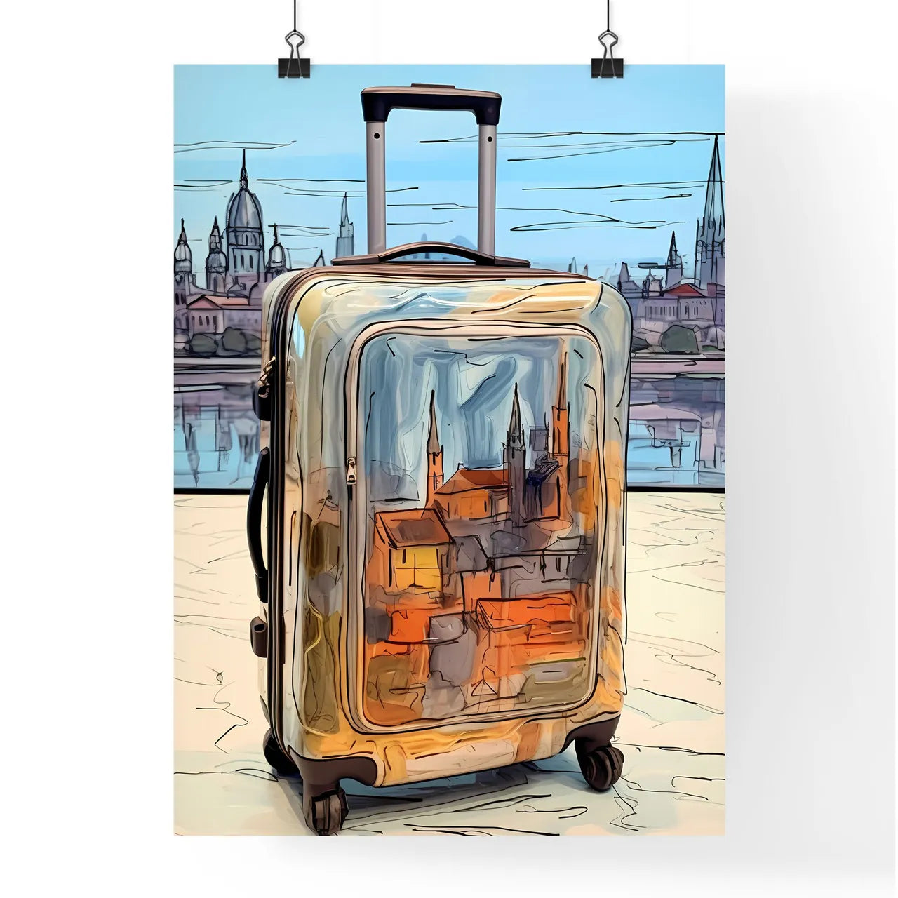 A Poster of travel suitcase at the airport - A Suitcase With A City In The Background Poster