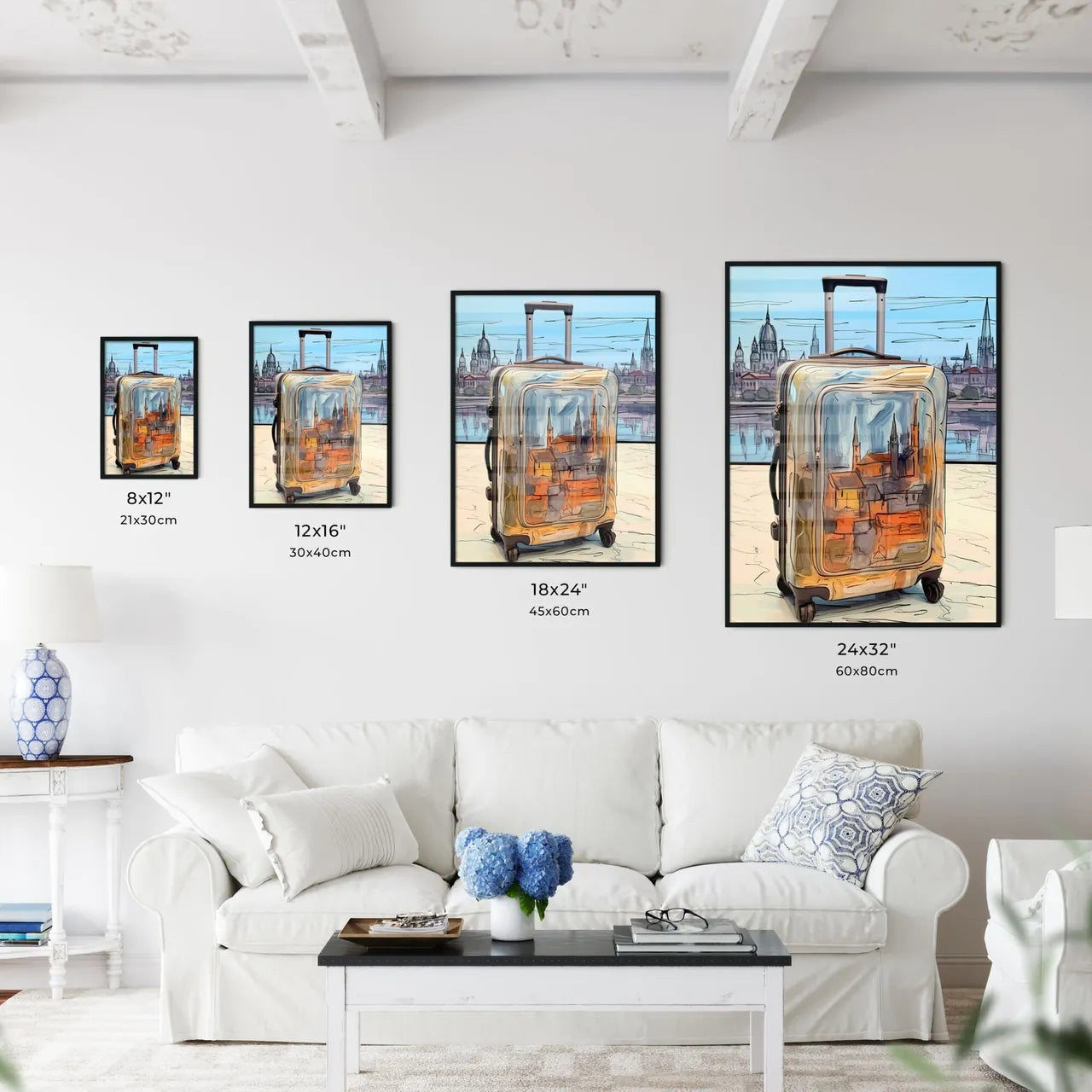 A Poster of travel suitcase at the airport - A Suitcase With A City In The Background Size Chart